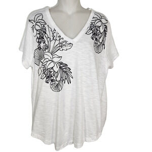 Chico's Womens Placed Floral Cap Sleeve Tee Size 2 US Large V Neck Cotton Slub